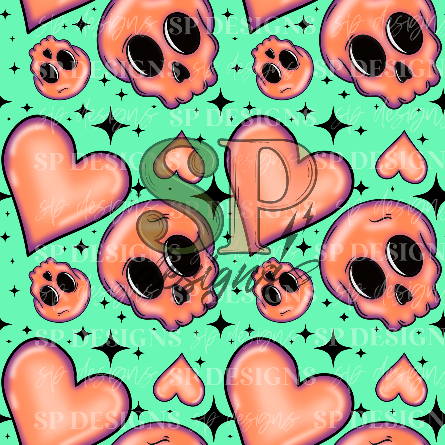Neon Coral Skulls and Hearts